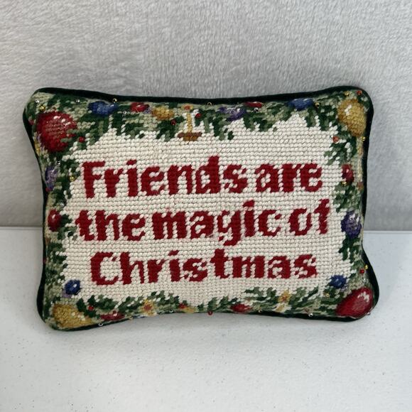 Vtg Merry Christmas Needlepoint Pillow Holiday Decor Green Velvet Bead Detail - Picture 2 of 7